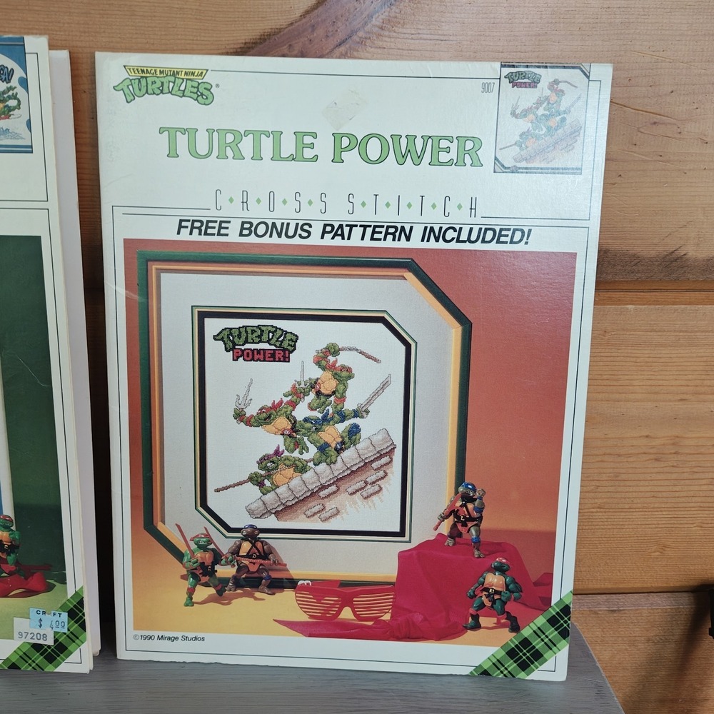Set of 2 Vintage 1990 TMNT Ninja Turtles Cross-Stitch Turtle Power Cowabunga F3 - Picture 3 of 10